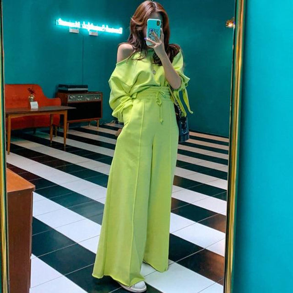 LANMREM 2019 New Summer Fashion Women Clothes Slash Neck Full Sleeves Short Top And High Waist Full Length Pants WH40306