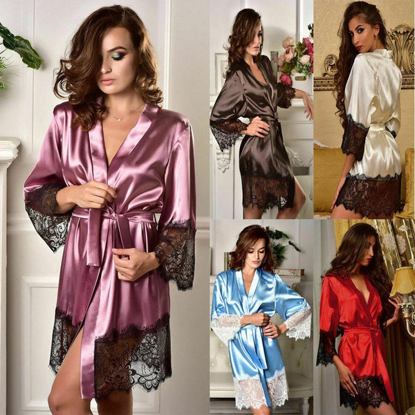 Hot Sale Women's Sexy Satin Silk Robe Sleepwear Lace Nightgown Pajamas Dressing Gown Babydolls Kimono Bathrobe Dress S-XL