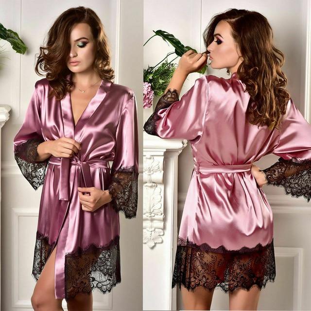 Hot Sale Women's Sexy Satin Silk Robe Sleepwear Lace Nightgown Pajamas Dressing Gown Babydolls Kimono Bathrobe Dress S-XL