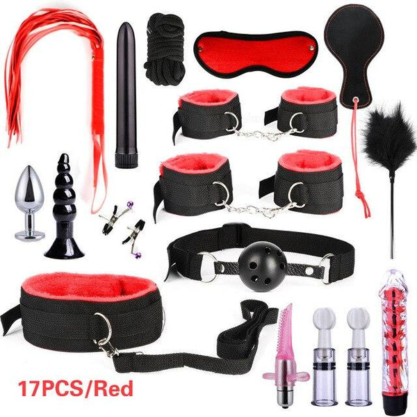 Women Men Porno Sex Handcuffs Nipple Clamps Whip Mouth Gag Sex Mask Anal Plug Bondage Set Sexy Lingerie Toys for Adults