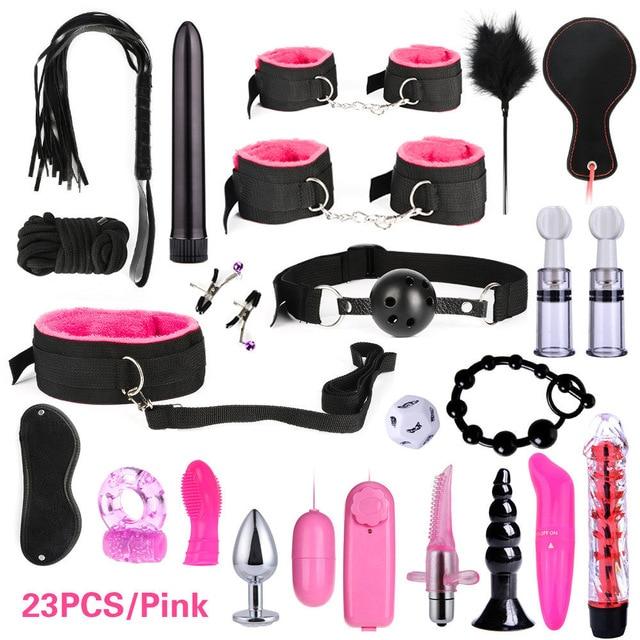 Women Men Porno Sex Handcuffs Nipple Clamps Whip Mouth Gag Sex Mask Anal Plug Bondage Set Sexy Lingerie Toys for Adults