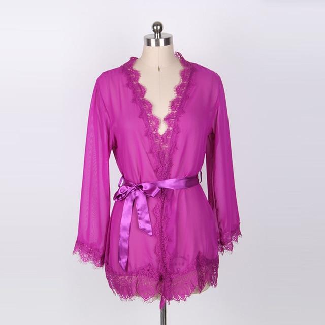Sexy Women Summer Autumn Perspective Robe Sets Bathrobe Translucent Lingerie Lace-up Plus Size Lace Nightwear Home Clothes