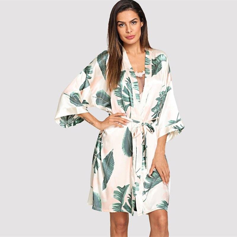 Sanderala Tropical Plant Print Robe V Neck Belted Women Half Sleeve Sleepwear Elegant Satin Dressing Gown Bathrobe Home Pajamas