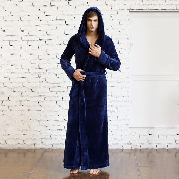 Men's Long Robe Microfleece Flannel Ultra Long Floor Length Big Size Hooded Sleepwear Robes Bathrobe Lounge Wear Nightwear Gown
