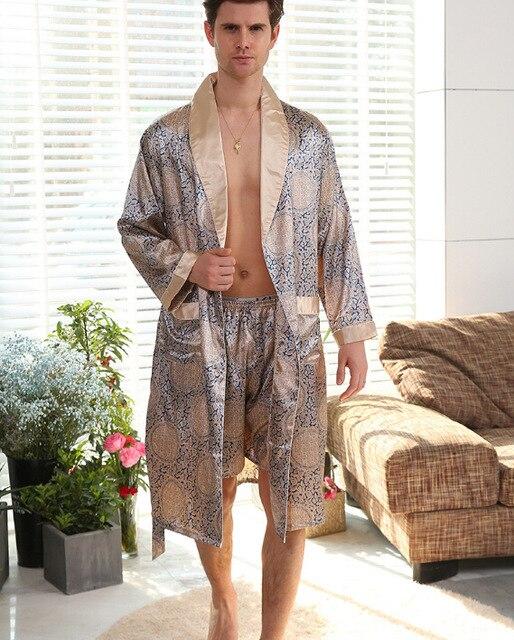 Goocheer L-4xl Men Robe With Shorts 2 Pcs Silk Kimono Men Silk Satin Robe Home Clothes Home Bathrobe Sexy Hombre Robe Male