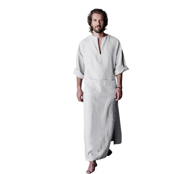 Men's Real Linen Cotton nightgowns Extra large bathrobe Short-sleeved Robe Caftan Vacation Holiday beach Robe