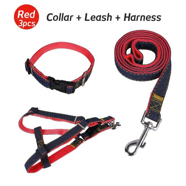 Denim Dog Harnesses Leash Nylon Collar Rope Adjustable Training Pet Lead Leashes Harness For Dogs Cat Pets Supplies Set B43201