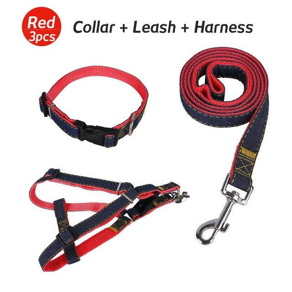 Denim Dog Harnesses Leash Nylon Collar Rope Adjustable Training Pet Lead Leashes Harness For Dogs Cat Pets Supplies Set B43201