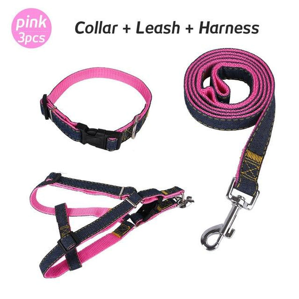 Denim Dog Harnesses Leash Nylon Collar Rope Adjustable Training Pet Lead Leashes Harness For Dogs Cat Pets Supplies Set B43201