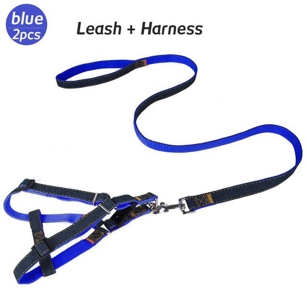 Denim Dog Harnesses Leash Nylon Collar Rope Adjustable Training Pet Lead Leashes Harness For Dogs Cat Pets Supplies Set B43201