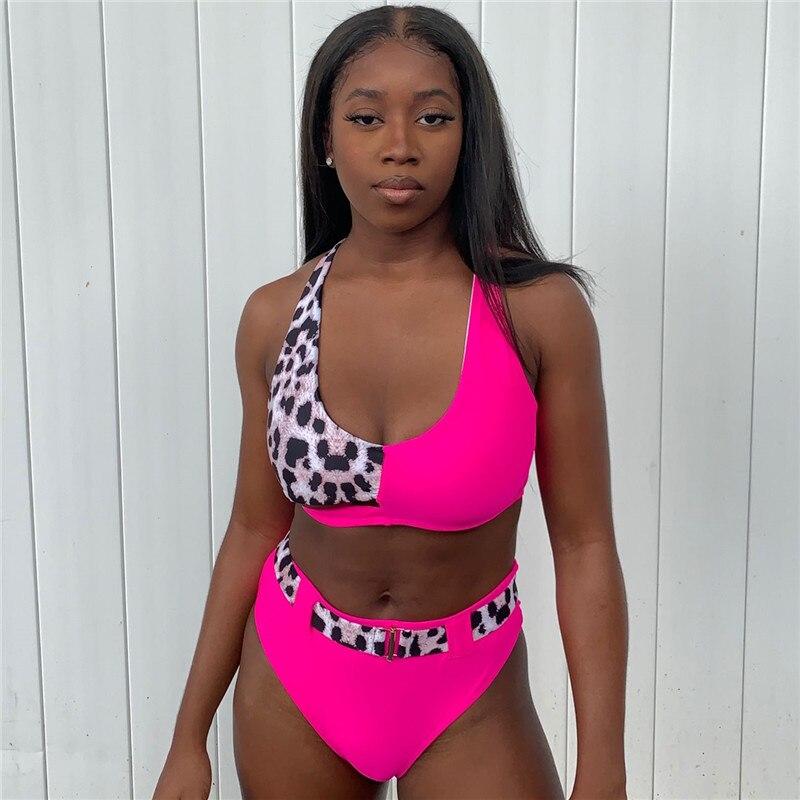 Neon Pink Bikini 2019 Leopard Print Patchwork Belt High Waist Swimsuit Metal Button Swimwear Women Sexy Hollow Out Bathing Suit