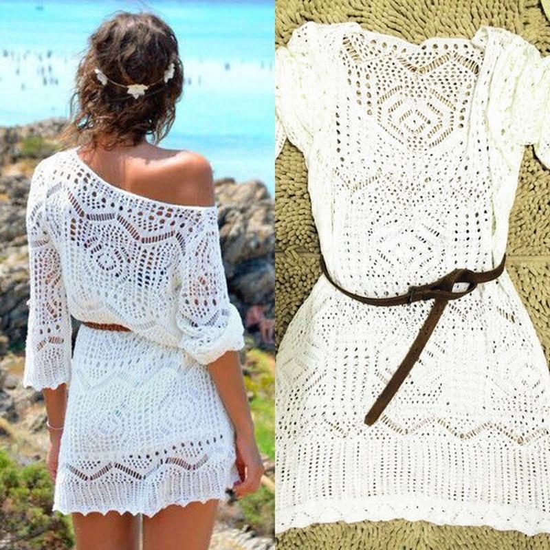 Summer Beach Dress Women Sexy Lace Crochet Tunic Bikini Cover-up White Transparent Sarong Swimsuit Bathing Suit