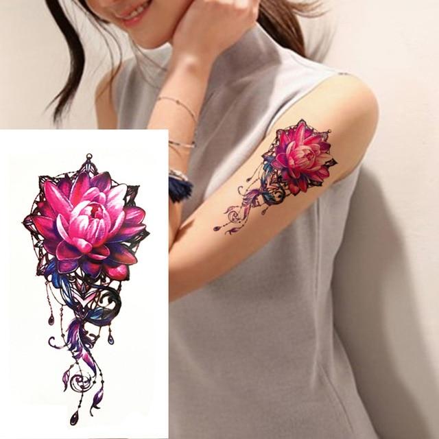 1 Pieces Compass Arrows Hot Black White Large Flower Henna Temporary Tattoo Black Mehndi Style Waterproof Tattoo Sticker