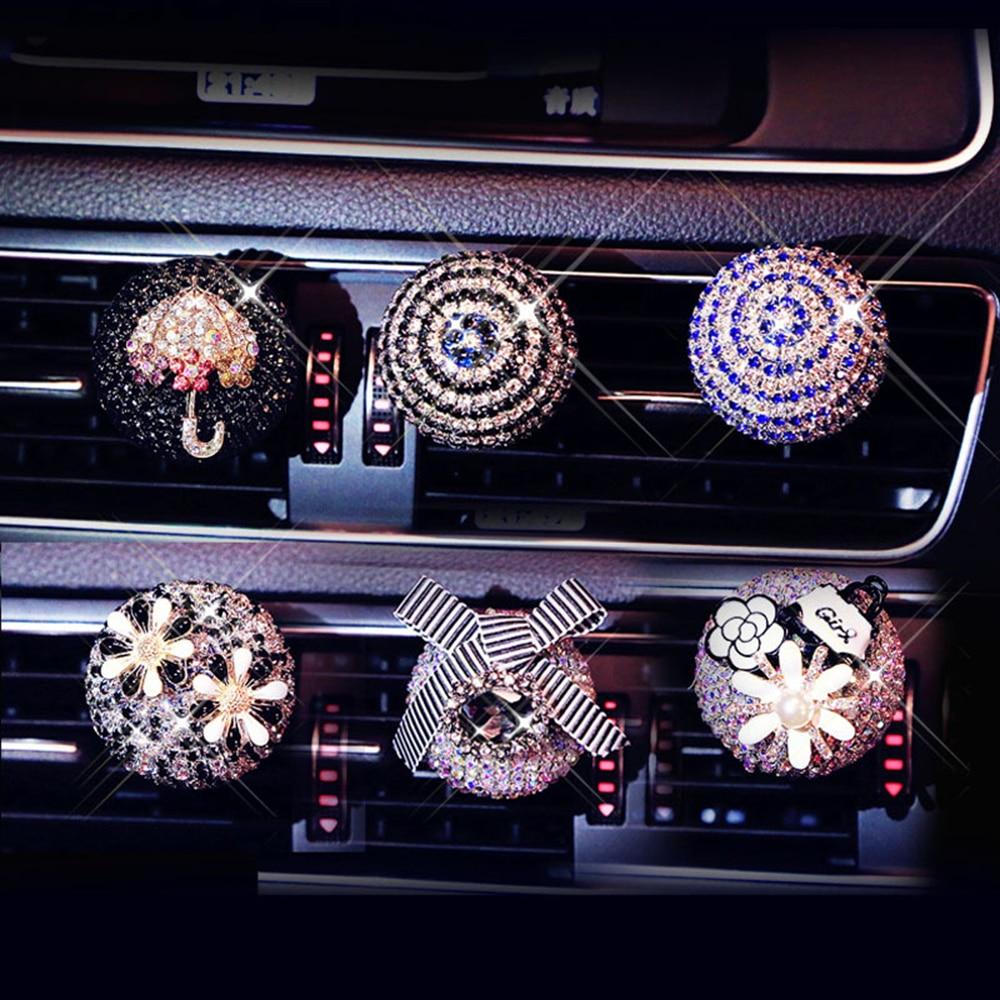 Car Ornament Crystal Diamond Flower Auto Air Condition Vent Perfume Balsam Balm Fragrance Air Freshener Car Interior Decoration