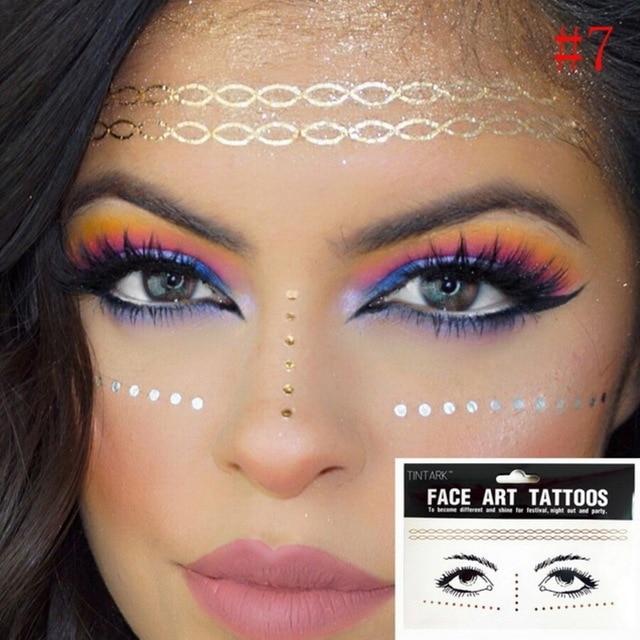 1pack Gold Face Tattoo Flash tattoo Fashion Waterproof Blocked Freckles Make Up Body Art Stickers eye decals Bride tribe party