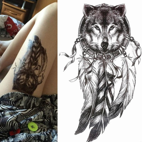 1pc hot sale Black Wolf with Feather Dreamcatcher Cat owl Cool Beauty arm big Tatoo Waterproof Temporary Tattoo Stickers 21*15cm