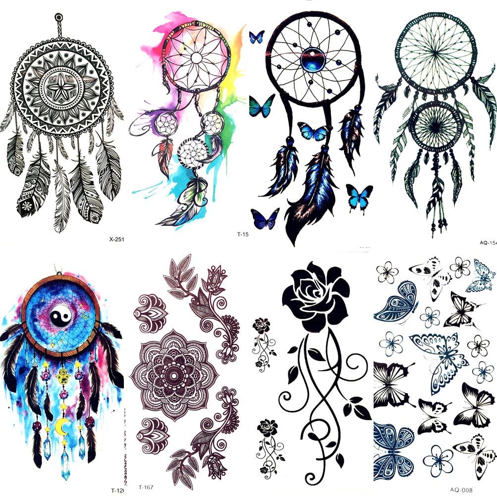 Watercolor Dream Catcher Temporary Tattoo Women Tribal Tattoo Sticker Black Dreamcatcher Fake Flash Tatoo Girl Body Arm Shoulder