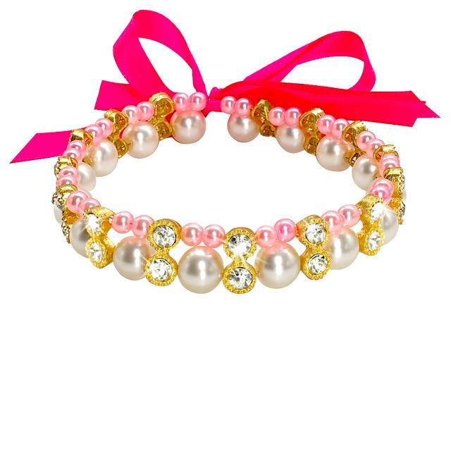 Crystal Pearl Dog Necklace Collar Bowknot Puppy Cat Jewelry Dog Accessories Elastic Pet Pearl Necklace for Small Dogs Chihuahua