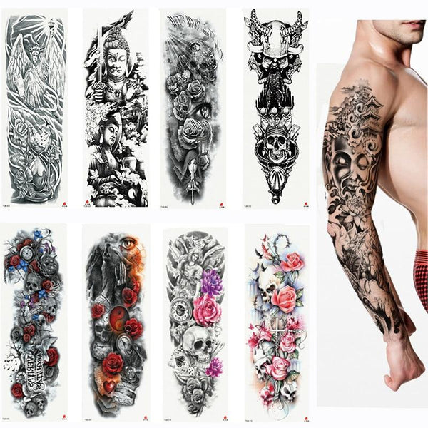 2018 New Full Flower Arm Tattoo Sticker Skeletons and Roses Temporary Body Paint Water Transfer Tattoo Sleeve
