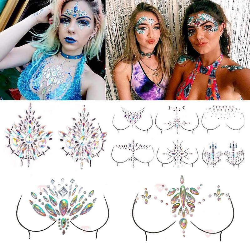 Shellhard 12 Styles Adhesive Sticky Gems Sticker Makeup Face Boob Jewel Crystal Festival Gems Party Makeup Stickers For Body Art