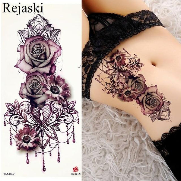 Purple Rose Jewelry Water Transfer Tattoo Stickers Women Body Chest Art Temporary Tattoo Girl Waist Bracelet Flash Tatoos Flower