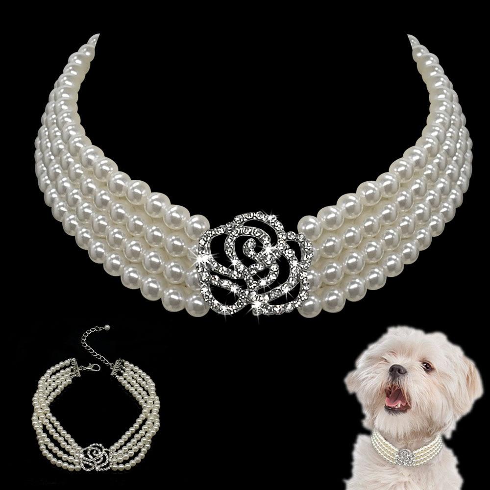 Pearl Dog Necklace Collar Fashion Jeweled Puppy Cat Collar With Bling Rhinestone Diamante Dog Pet Accessories Supplies