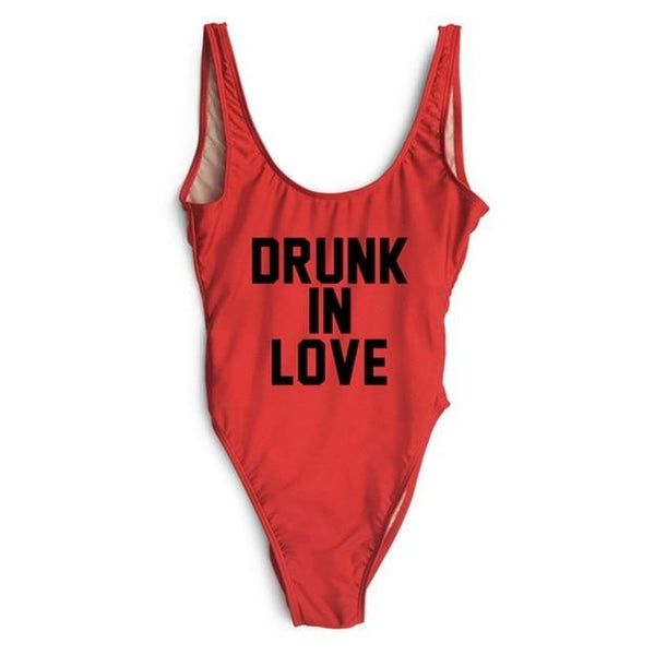 DRUNK IN LOVE Letter Print 1 One Piece Swimsuit Women Red Swimwear Monokini Sexy Bodysuit Bathing Suit Wedding bathing suit 2018