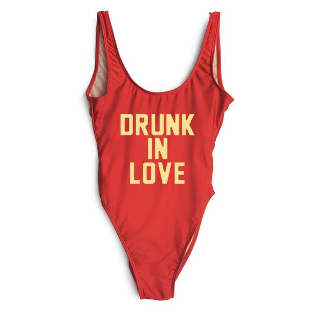 DRUNK IN LOVE Letter Print 1 One Piece Swimsuit Women Red Swimwear Monokini Sexy Bodysuit Bathing Suit Wedding bathing suit 2018