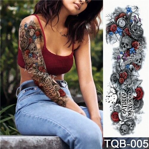 NEW 48*17cm Full Flower Arm Tattoo Sticker Praying Roses Text Skull Temporary Body paint Water Transfer fake Tatoo sleeve