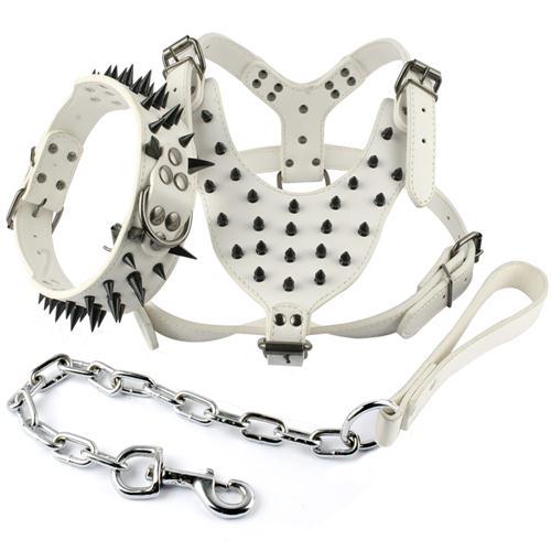 Cool Spiked Studded Leather Dog Harness Rivets Collar and Leash Set For Medium Large Dogs Pitbull Bulldog Bull Terrier 26"-34"