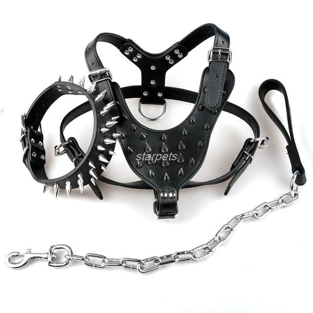 Cool Spiked Studded Leather Dog Harness Rivets Collar and Leash Set For Medium Large Dogs Pitbull Bulldog Bull Terrier 26"-34"