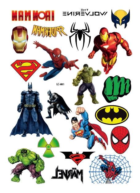 Rocooart Cartoon Super Hero Fake Tattoo Taty Iron Spider Bat Man Tatouage Body Art Temporary Tattoo Stickers For Child Tatuagem