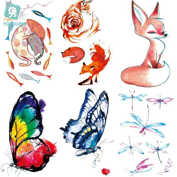 Rocooart RC369-395 New Water Proof Temporary Tattoo Stickers Cartoon Coloful Kid's Drawing Fox Fake Flash Taty Tattoo tatouage