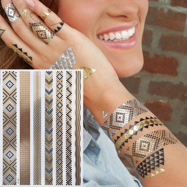 Metallic Gold Tattoo Silver Waterproof Temporary tattoos Stickers on the body women Flash Tattoo Stickers men