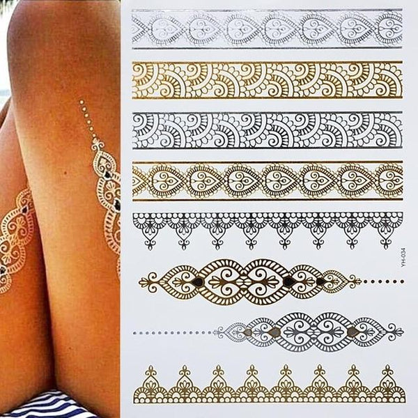 Metallic Gold Tattoo Silver Waterproof Temporary tattoos Stickers on the body women Flash Tattoo Stickers men