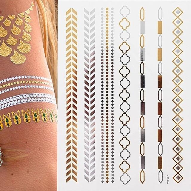 Metallic Gold Tattoo Silver Waterproof Temporary tattoos Stickers on the body women Flash Tattoo Stickers men