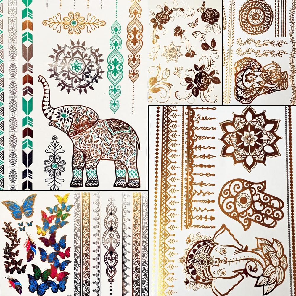 India God Ganesha Gold Metallic Flash Tattoo Stickers Women Elephant Ganesh Fake Waterproof Tatoo Vigneshvara Ganapati Flower