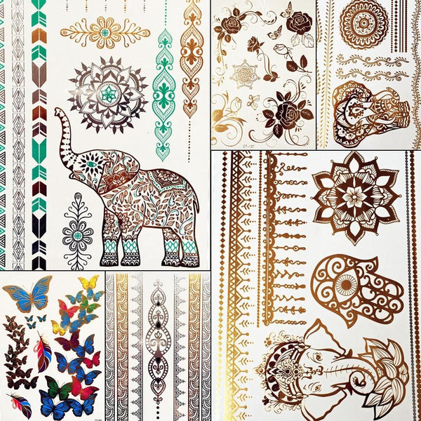 India God Ganesha Gold Metallic Flash Tattoo Stickers Women Elephant Ganesh Fake Waterproof Tatoo Vigneshvara Ganapati Flower