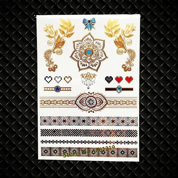 India God Ganesha Gold Metallic Flash Tattoo Stickers Women Elephant Ganesh Fake Waterproof Tatoo Vigneshvara Ganapati Flower