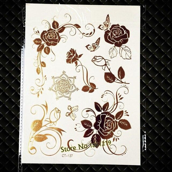 India God Ganesha Gold Metallic Flash Tattoo Stickers Women Elephant Ganesh Fake Waterproof Tatoo Vigneshvara Ganapati Flower