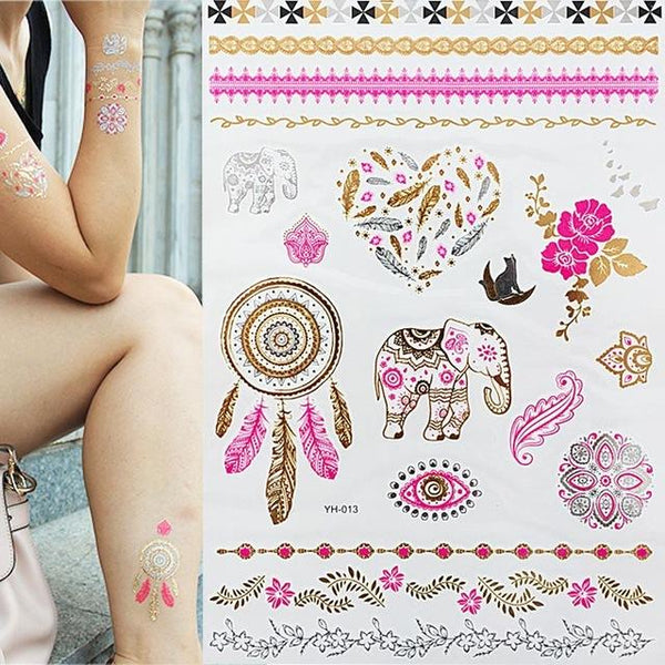 1 sheet Flash Boho Metallic Gold Feathers Shimmering Jewellery Festival Temporary Tattoo
