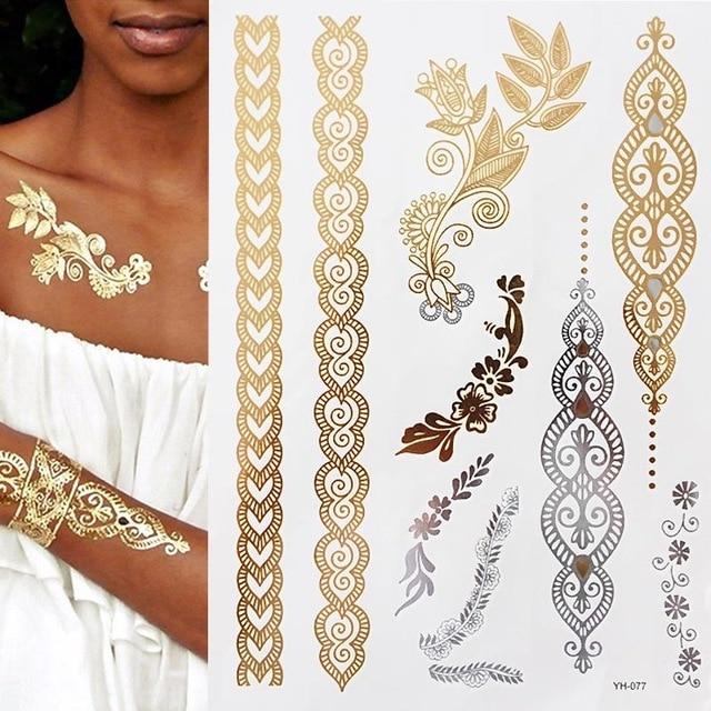 1 sheet Flash Boho Metallic Gold Feathers Shimmering Jewellery Festival Temporary Tattoo