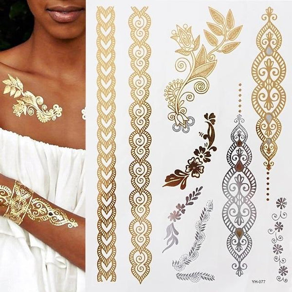 1 sheet Flash Boho Metallic Gold Feathers Shimmering Jewellery Festival Temporary Tattoo