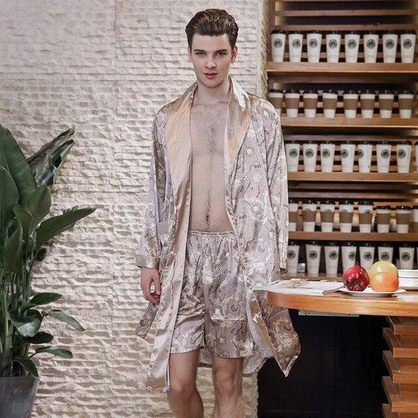 Kimono Men Robe Stain Silk Bathrobe Print Bath Robe