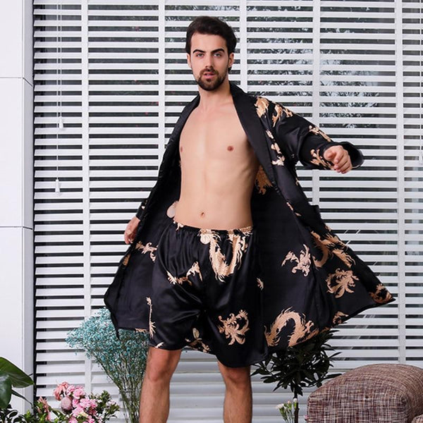 Two-piece Suit Male Silk Dressing Gown Extra large Robe With Dragons Mens Satin Bathrobe Silk Kimono Men 1287
