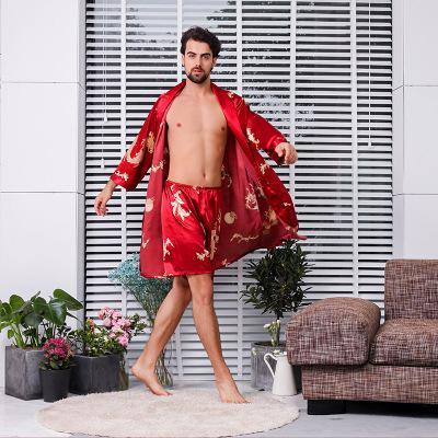 Two-piece Suit Male Silk Dressing Gown Extra large Robe With Dragons Mens Satin Bathrobe Silk Kimono Men 1287