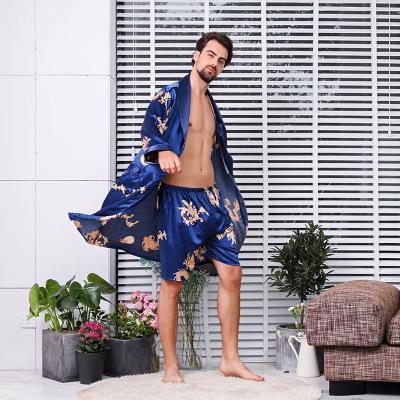Two-piece Suit Male Silk Dressing Gown Extra large Robe With Dragons Mens Satin Bathrobe Silk Kimono Men 1287