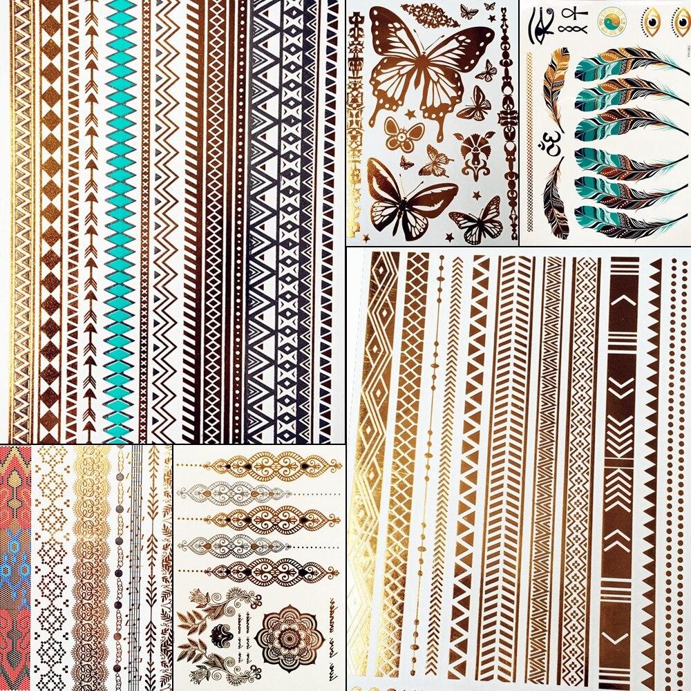 Summer Style Girl Women Henna Gold Metallic Flash Tattoo Stickers Girls Fake Waterproof Tattoo Golden Color Bracelets Leg Tatoos