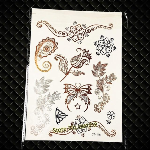 Summer Style Girl Women Henna Gold Metallic Flash Tattoo Stickers Girls Fake Waterproof Tattoo Golden Color Bracelets Leg Tatoos
