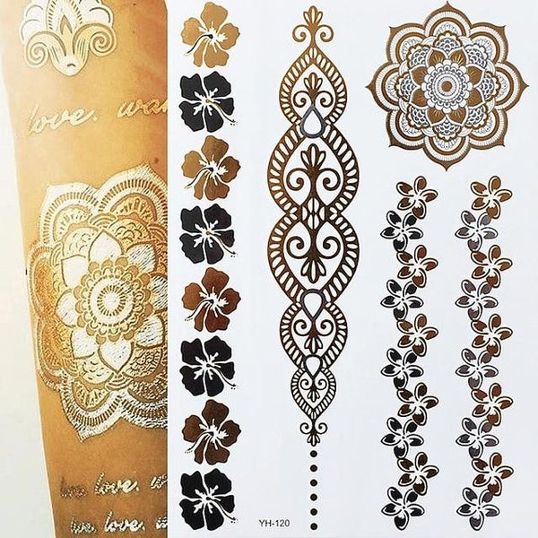 Hot Flash Metallic Waterproof Temporary Tattoo Gold Silver Tatoo Women Henna Flower Taty Design Tattoo Sticker